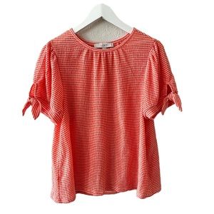 Loft Crinkle Puff Sleeve Tie Striped Orange Top Size L Seersucker Textured